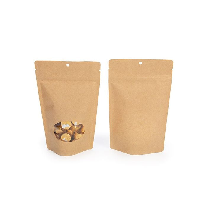 Stå upp påsar Kraft med ovalt fönster 13x7x20.5cm | 113 gram med hängande hål (100 st) [ZBGO3KH]