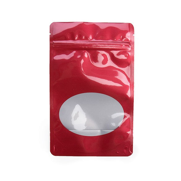 Stå upp påsar Röd med oval Fönster 13x7x20,5cm | 113 gram (100 st) [ZBGO3R]