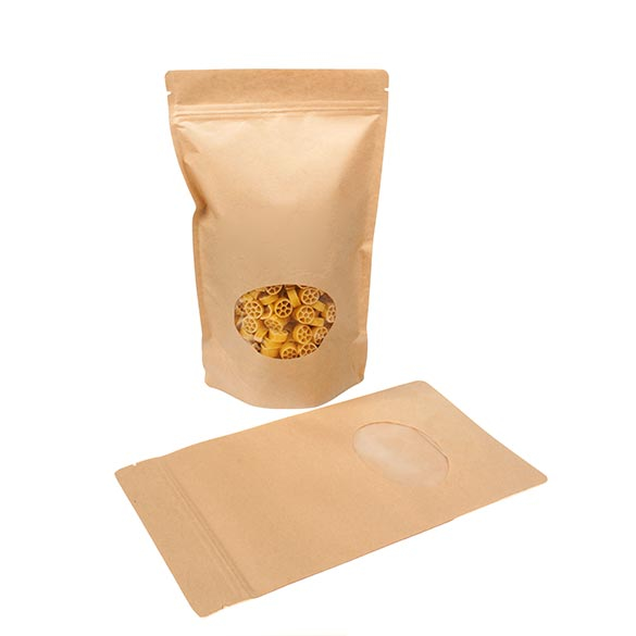 Stå upp påsar Kraft med oval Fönster 17,1x8,9x28,6cm | 340 gram (100 st) [ZBGO4K]