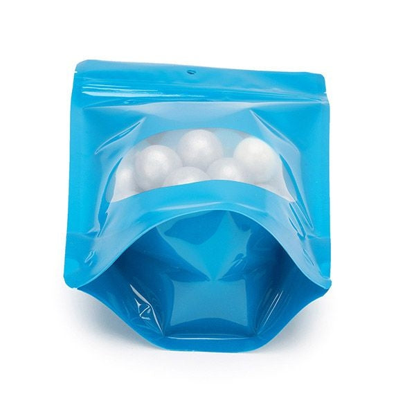 Stå upp påsar Blå med ovalt fönster 14.9x8.9x23.2cm | 312 gram med runt hängande hål (100 st) [ZBGO7BLH]