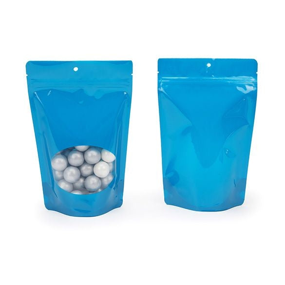 Stå upp påsar Blå med ovalt fönster 14.9x8.9x23.2cm | 312 gram med runt hängande hål (100 st) [ZBGO7BLH]