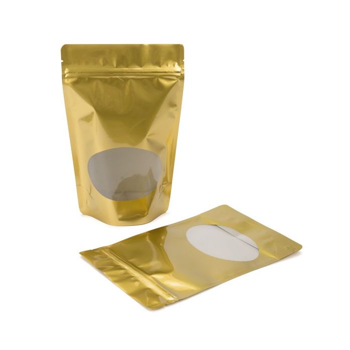 Stå upp påsar Guld med oval Fönster 15x9x23,2cm | 312 gram (100 st) [ZBGO7G]
