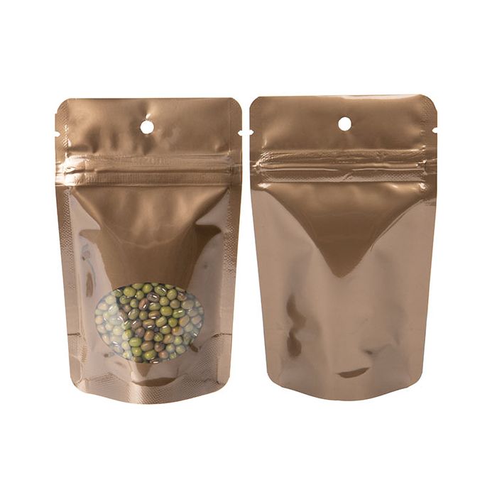 Brons Stå upp påsar med ovalt fönster 8 x 5 x 13 cm + upphängningshål (100 st) [ZBGO1BZH]