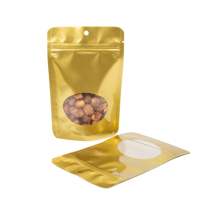 Stå upp påsar Guld med ovalt fönster 10,2x6x15,2cm med hängande hål (100 st) [ZBGO2GH]