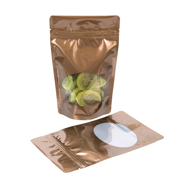 Stå upp påsar Brons med oval Fönster 13x7x20,5cm | 113 gram (100 st) [ZBGO3BZ]