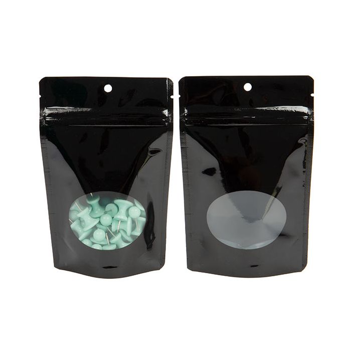 Stå upp påsar Svart med ovalt fönster 10,2x6x15,2cm med upphängningshål (100 st) [ZBGO2BH]