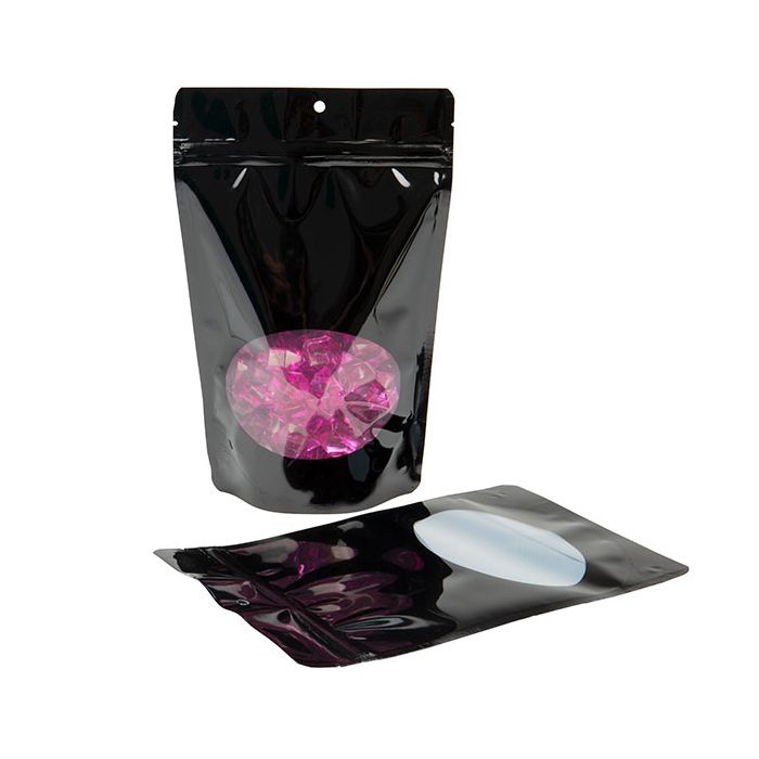 Stå upp påsar Svart med ovalt fönster 14,9x8,9x23,2cm med upphängningshål (100 st) [ZBGO7BH]