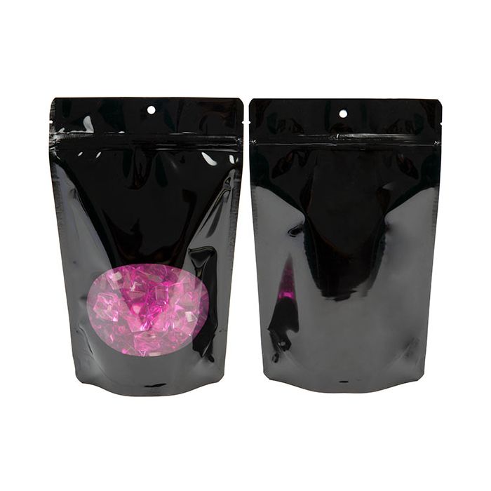 Stå upp påsar Svart med ovalt fönster 14,9x8,9x23,2cm med upphängningshål (100 st) [ZBGO7BH]