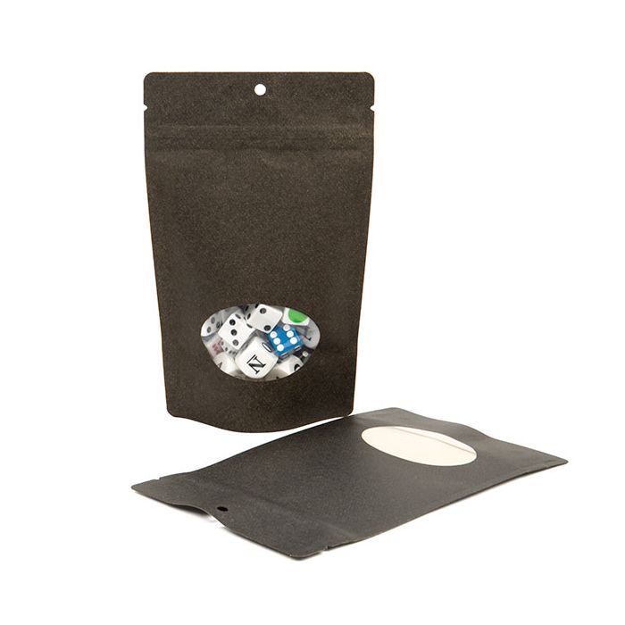 Stå upp påsar Kraft Svart med ovalt fönster 13x8x20.5cm med hängande hål | 113 gram (100 st) [ZBGO3BKH]