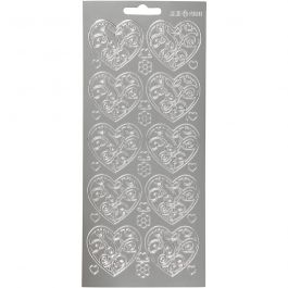 Stickers, hjärtan, ark 10x23 cm, silver, 1 ark [HOB-170053]