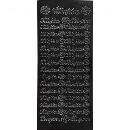 Stickers, tillykke, ark 10x23 cm, svart, 1 ark [HOB-170270]
