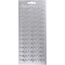 Stickers, tillykke, ark 10x23 cm, silver, 1 ark [HOB-170272]
