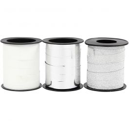 Presentsnören, B: 10 mm, silver, silverglitter, vit, 3x15 m/ 1 förp. [HOB-202412]