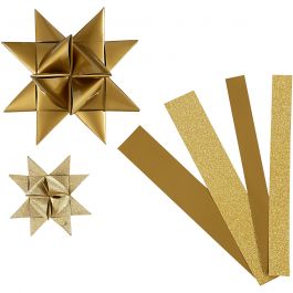 Stjärnstrimlor, L: 44+78 cm, Dia. 6,5+11,5 cm, B: 15+25 mm, glitter,lack, guld, 40 strimlor/ 1 förp. [HOB-20776]