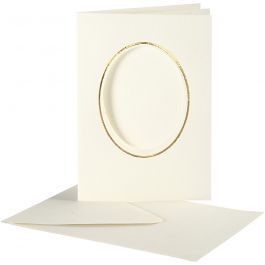 Passepartoutkort med kuvert, oval med guldkant, kortstl. 10,5x15 cm, kuvertstl. 11,5x16,5 cm, råvit, 10 set/ 1 förp. [HOB-23724]