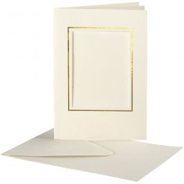 Passepartoutkort med kuvert, rektangulära med guldkant, kortstl. 10,5x15 cm, kuvertstl. 11,5x16,5 cm, råvit, 10 set/ 1 förp. [HOB-23726]