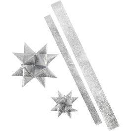 Stjärnstrimlor, L: 86+100 cm, Dia. 11,5+18,5 cm, B: 25+40 mm, silverglitter, 16 strimlor/ 1 förp. [HOB-24349]