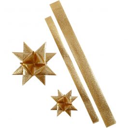 Stjärnstrimlor, L: 86+100 cm, B: 25+40 mm, Dia. 11,5+18,5 cm, guld, 16 strimlor/ 1 förp. [HOB-24356]