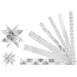 Stjärnstrimlor, L: 44+78 cm, Dia. 6,5+11,5 cm, B: 15+25 mm, silver, vit, 48 strimlor/ 1 förp. [HOB-24360]