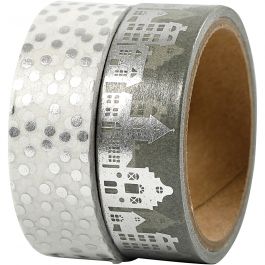 Washitejp, hus och prickar - folie, B: 15 mm, silver, 2x4 m/ 1 förp. [HOB-24798]