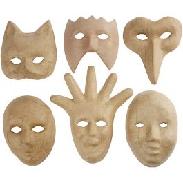 Masker av papier-maché, H: 12-21 cm, 6 st./ 1 förp. [HOB-26712]
