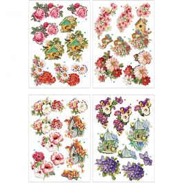 3D Motiv, blommor och fåglar, ark 21x30 cm, 4 ark/ 1 förp. [HOB-28701]