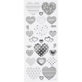 Stickers, hjärtan, ark 10x24 cm, silver, 1 ark [HOB-29140]