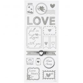 Stickers, love, ark 10x24 cm, silver, 1 ark [HOB-29142]