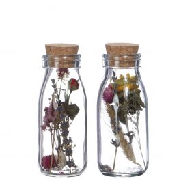 Mjölkflaska i glas med 2 olika torkade blommor Ø6cm (12 st.) [IFS-29391]
