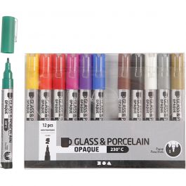 Glas- och porslinstusch, spets 1-2 mm, semi opaque, mixade färger, 12 st./ 1 förp. [HOB-31334]