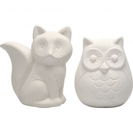 Spardjur, uggla och räv, H: 9 cm, vit, 2 st./ 1 förp. [HOB-50570]