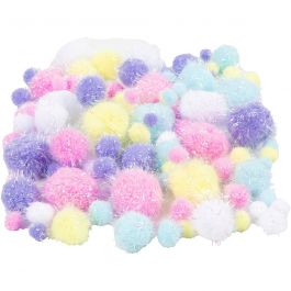 Pompoms, Dia. 15-40 mm, glitter, pastellfärger, 62 g/ 1 förp. [HOB-518950]