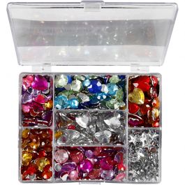 Rhinestones i ask, runda, stjärnor, hjärtan, Dia. 6+7+9+10+11+12+14+16 mm, blå, rosa, silver, 300 st./ 1 förp. [HOB-52315]