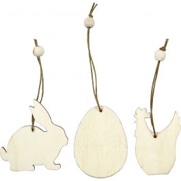 Trädekorationer, kanin, ägg, höna, stl. 6 cm, tjocklek 3 mm, 9 st./ 1 förp. [HOB-56732]
