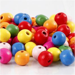 Träpärlor, Dia. 10 mm, Hålstl. 2,5-3 mm, mixade färger, 500 g/ 1 påse [HOB-57123]