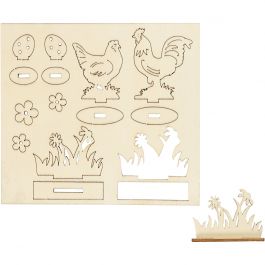 Sätt-ihop-själv träfigurer, höns och blommor, L: 15,5 cm, B: 17 cm, 1 förp. [HOB-57889]
