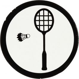 Kartongetikett, badmintonracket + fjäderboll, Dia. 25 mm, vit/svart, 20 st./ 1 förp. [HOB-586035]