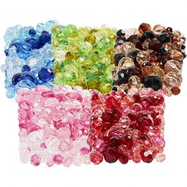 Facettpärlor, Dia. 4-12 mm, Hålstl. 1-2,5 mm, mixade färger, 7x250 g/ 1 förp. [HOB-61888]