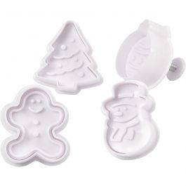 Utsticksform med prägel, julgran, snögubbe, pepparkaksgubbe, kula, H: 5 cm, vit, 4 st./ 1 förp. [HOB-782870]