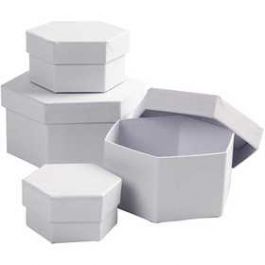 Hexagonal Boxes, white, H: 4+5+6+7 cm, D: 6,5+8+10+12 cm, 4 pc/ 1 set [HOB264070]