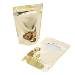 Stå upp påsar Guld med oval Fönster 13x7x20,5cm | 113 gram (100 st) [ZBGMO3SG]