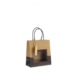 Presentpåsar med fönster och etikett 12+10x35 cm kraft/Svart (100 pcs) [FP-DPT123]
