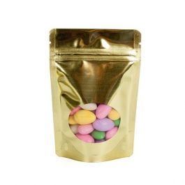 Stå upp påsar Guld med oval Fönster 10x6x15cm | 57 gram (100 st) [ZBGMO2SG]