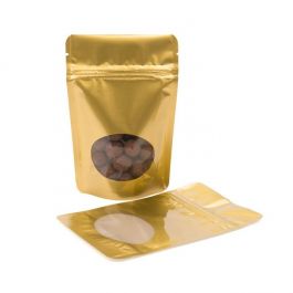 Stå upp påsar Guld med oval Fönster 10x6x15cm | 57 gram (100 st) [ZBGO2G]