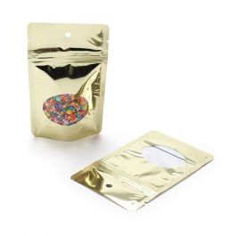 Stå upp påsar Guld med ovalt fönster 8x5x13cm | 28 gram med hängande hål (100 st) [ZBGMO1SGH]