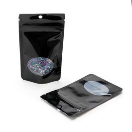 Stå upp påsar Svart med ovalt fönster 8x5x13cm | 28 gram med hängande hål (100 st) [ZBGO1BH]