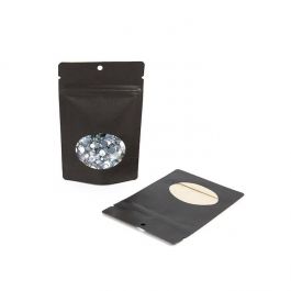 Stå upp påsar Kraft Svart med ovalt fönster 10.2x6x15.2cm | 57 gram med runt hängande hål (100 st) [ZBGO2BKH]