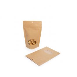 Stå upp påsar Kraft med ovalt fönster 13x7x20.5cm | 113 gram med hängande hål (100 st) [ZBGO3KH]